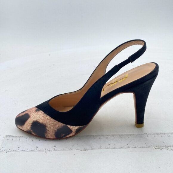 FSJ Black High Heel Pumps Closed Toe Leopard Print Faux Suede Slingback Shoes - Picture 1 of 7